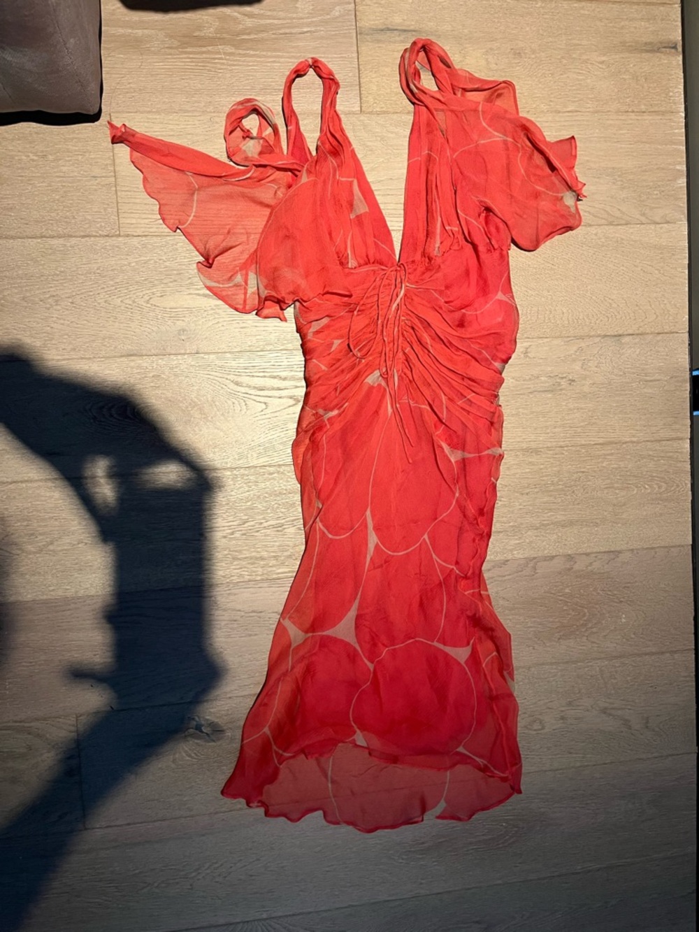 Gucci Coral Red Sheer Ruched Silk Dress - Picture 2 of 9